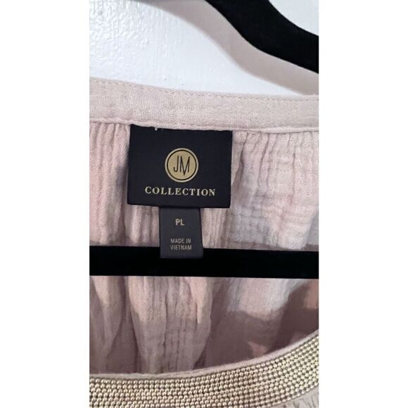 JM COLLECTION TAN GAUZE GOLD TRIM BOHO BLOUSE TOP WOMENS SZ PETITE L P1-284 - Picture 5 of 13